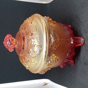 Jeanette footed candy dish Amber vintage grapes and leaves Indiana Glass Co